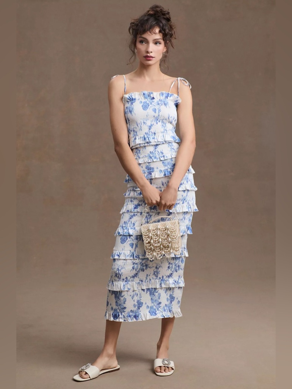 Anthropologie V. Chapman Lily Ruched & Ruffled Stretch Satin Midi Dress